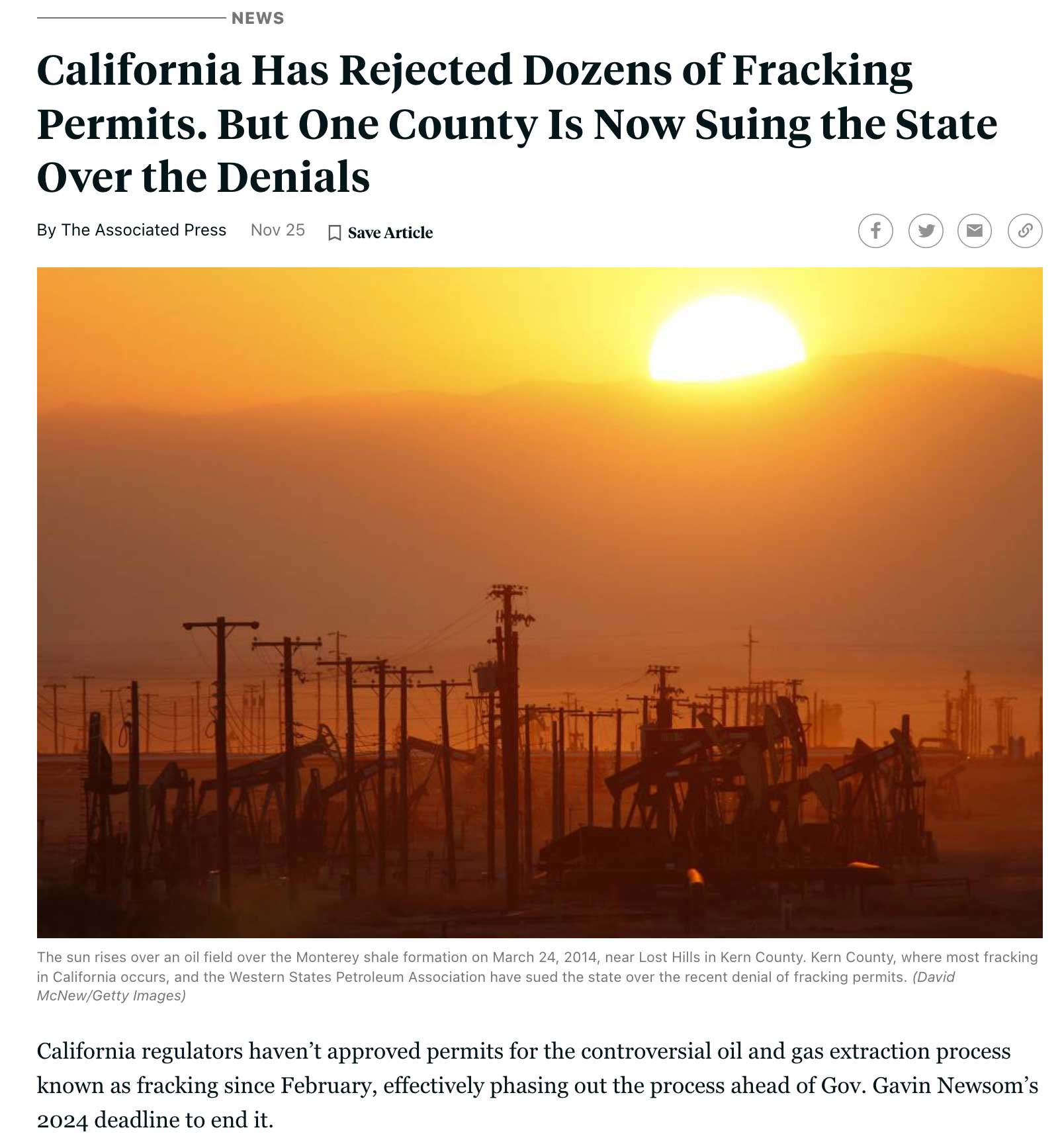 California Has Rejected Dozens of Fracking Permits. But One County Is Now Suing the State Over the Denials