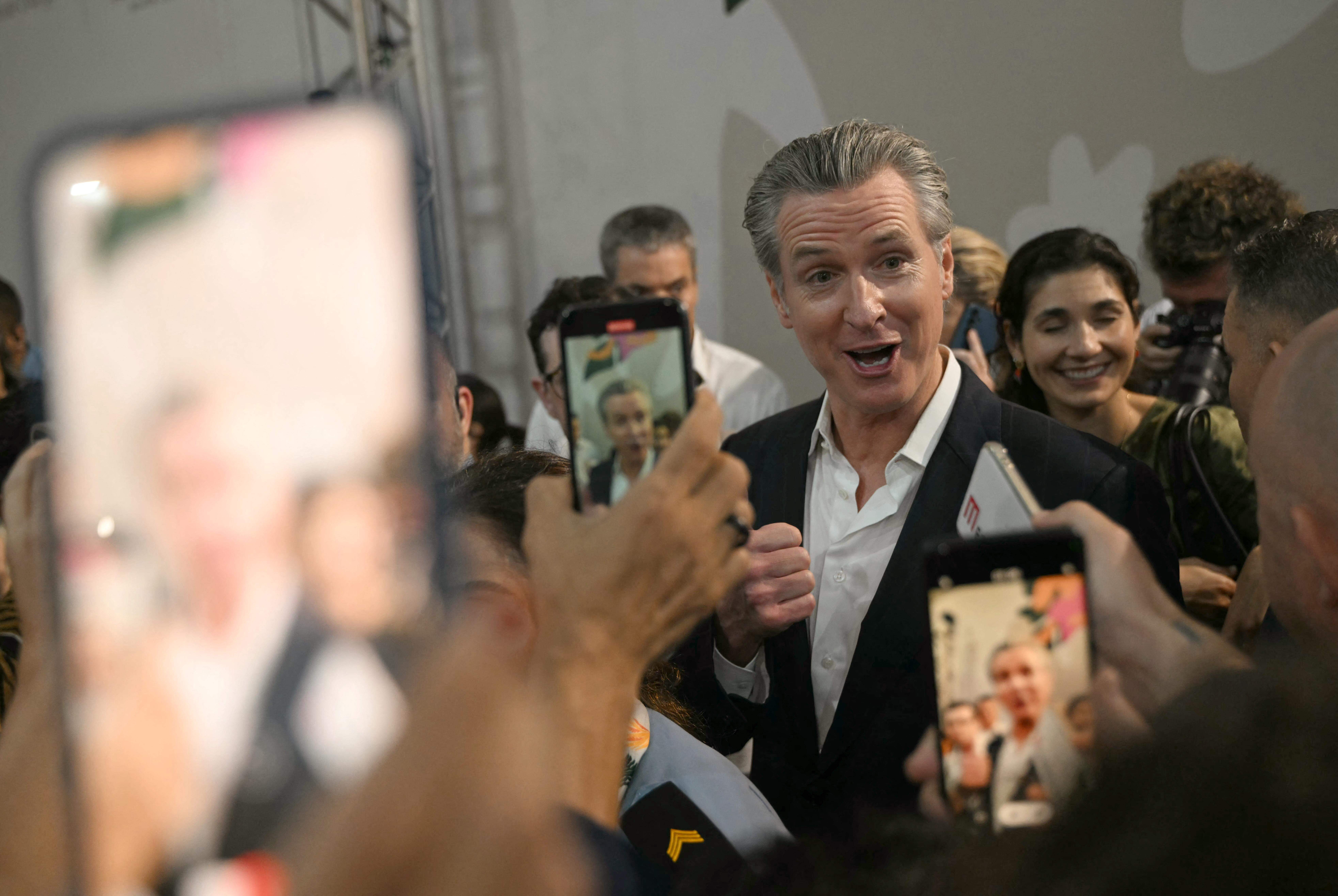 California Gov. Gavin Newsom speaks to journalists at the COP30 U.N. Climate Change Conference in Belem, Brazil on Tuesday. Newsom’s climate record in California is not as sterling as advertised. MAURO PIMENTEL AFP via Getty Images